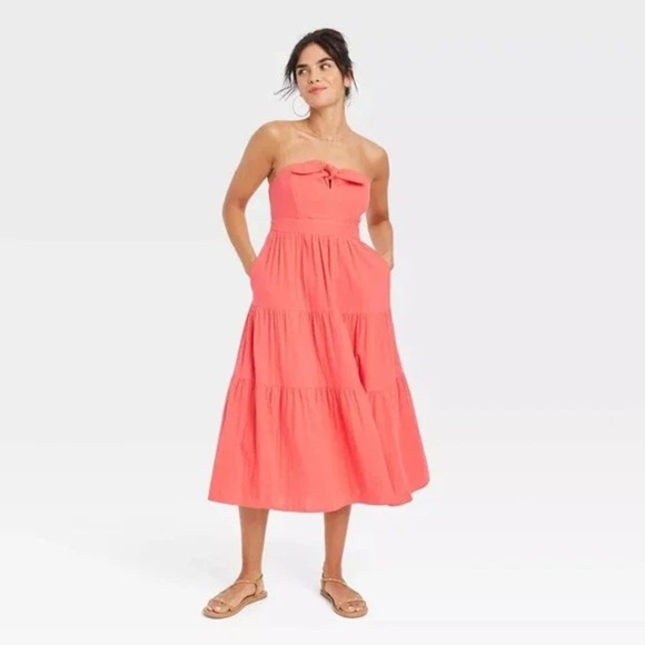 Universal Thread NWOT Women's 4x Coral Knotted Front Tiered Strapless Dress - Picture 1 of 8
